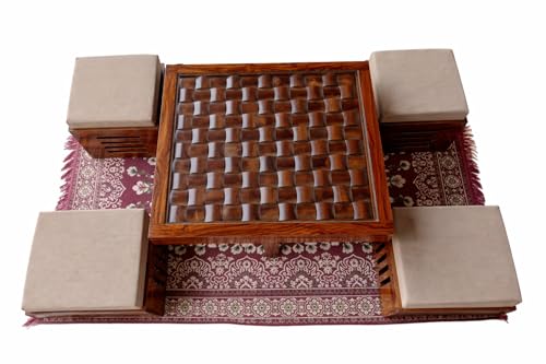 Image of Solid Sheesham Wood Center Coffee Table Set - Includes 4 Stools and Glass top Table Wooden Niwar Design ; Furniture for Living Room, Hall and Office. (Natural)