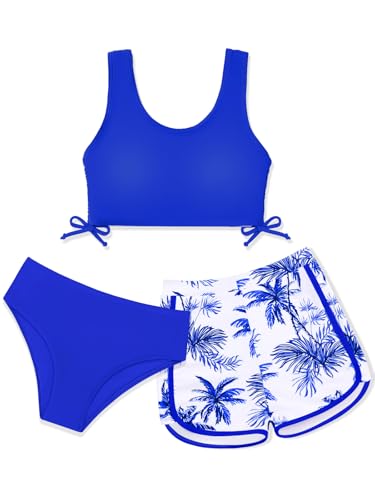 Image of Girl's 3 Piece Bikini Bathing Suit Printed Sport Swimsuits with Shorts Cove Up Sets Teen Girl's Swimwear