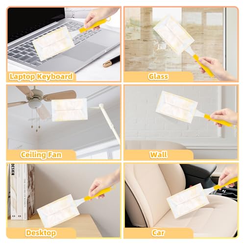 Image of Heavy Duty Dusters Refills, Disposable Dusters Kit Compatible with Handles, Multisurface Dusters+1 Extended Handle +1 Handle (Yellow, 180)