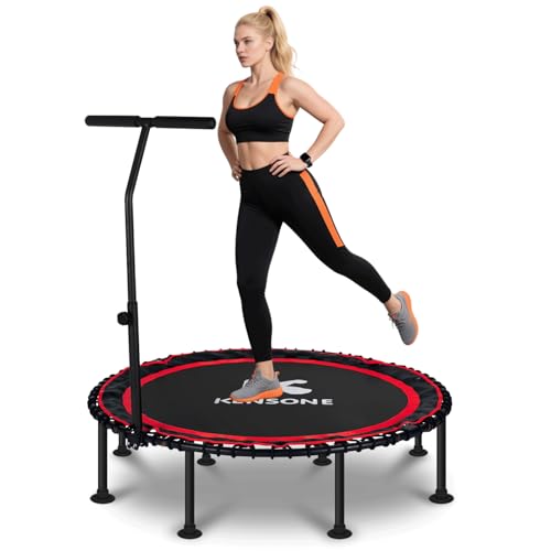 K KENSONE 48 Foldable Rebounder Trampoline for Adults with Bungee 550 LBS Quiet Indoor Mini Trampoline for Adults Fitness with Adjustable T-Shaped Handle Bar for Gym Workout Home Exercise Red