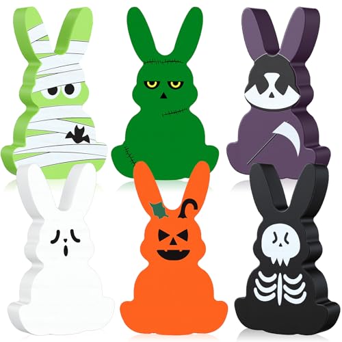 Kathfly 6 Pcs Easter Table Decor 4.5' Horror Wooden Bunny Signs Spooky Easterween...