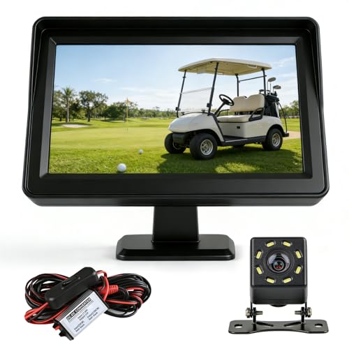 Golf Cart Backup Camera, Waterproof Golf Cart Accessories with 4.3" 16:9 Monitor for Club Car EZGO Yamaha UTV, Direct 17-60V Battery Hookup, No-Drill Installation Golf Cart Rear View Reverse Camera