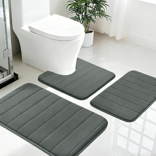 Image of Luxury 3 Piece Bathroom Mat Sets – Memory Foam Bath Mat Set with Non-Slip Backing, Super Soft & Ultra Absorbent Bathroom Sets 3 Piece, Machine Washable Bath and Toilet Mat Set for Home