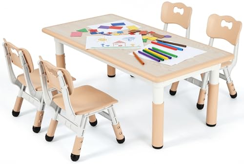 MAMIZO Kids Table with 4 Chairs, Adjustable Height Children's Table Chair Set for Nursery and Children's Room, Plastic Children's Furniture, Seating Set for Boys Girls from 2 Years, Yellow