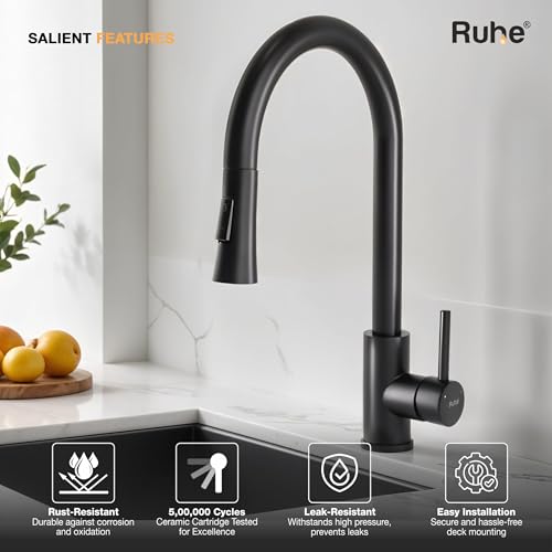 Image of Ruhe 304-Grade Staineless Steel Kara Pull-Out Single Lever Sink Mixer Faucet with Dual Flow | 360 rotatable | Super-Functional Water tap for Kitchen & Bathroom (Matte Black)