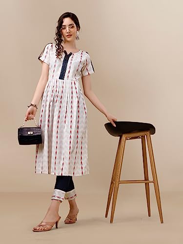 Image of EthnicJunction Women's Pure Cotton Self Weaving A-Line Kurta & Pant Set