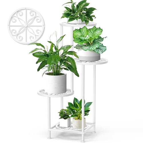 YOCOMEY 4 Tier Plant Stand Indoor Outdoor, Metal Flower Shelf Display Holder, Multiple Plants Corner Tall Flower Holders for Patio Balcony Porch Garden Living Room (White)