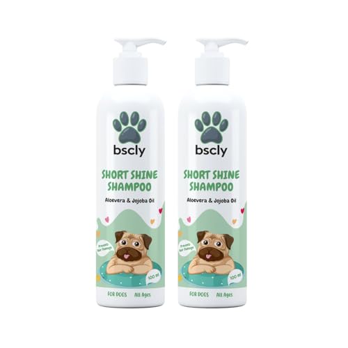 Image of Bscly Short Shine Dog Shampoo - Ticks & Fleas Prevention - Enriched with Chamomile, Aloe and Coconut Oil - Moisturizes & Heals Skin - Suitable for Pomeranians to Golden Retrievers - 100Ml Pack of 2