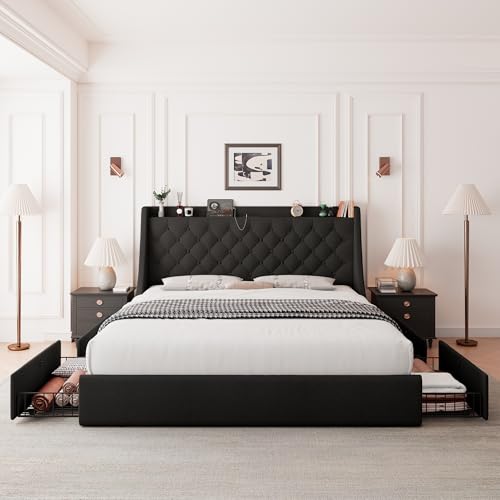 Image of Feonase Upholstered King Size Bed Frame with 4 Storage Drawers, Large Wingback Headboard, No Box Spring Needed, Black