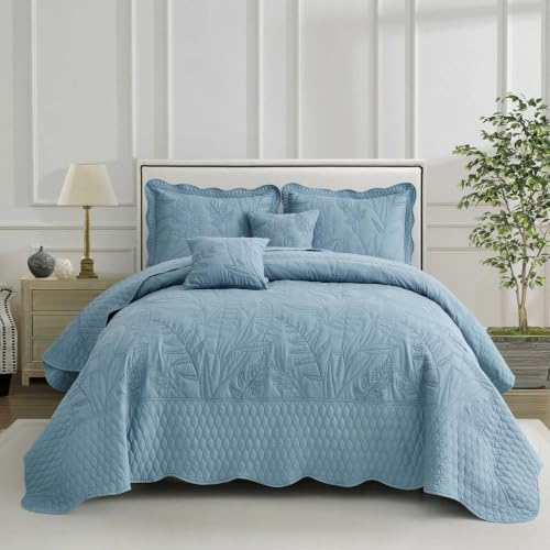 Image of Bedspread oversized King 120x118,Beautiful Leaf Stitching,5 PC, Ashley Blue