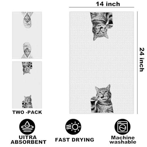 Image of Hanamiya Na 2 Pcs Cute Cat Gifts Hand Towels 24x14 Inch, Funny Cats Gift Reusable Dish Towels for Kitchen Decor, Waffle Weave Absorbent Hand Cloth Tea Towel, Cat Lover Gifts for Women Mom Friend