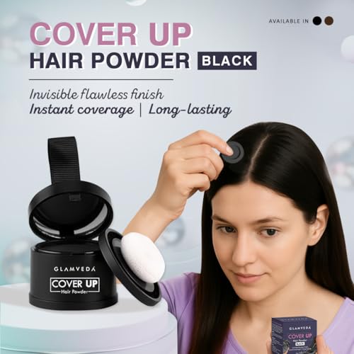 Image of Glamveda Cover-Up Hair Powder Black | Instantly Covers Grey Roots, Bald Spots & Thinning Hair | Hairline Filler for Fuller & Denser Looking Hair | Highly Pigmented Matte Finish | Long-Lasting Coverage | 4g