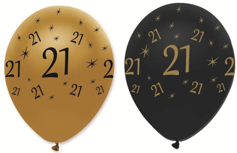 21st Birthday Latex Balloons, Gold and Black, Helium Quality, Pack of 6
