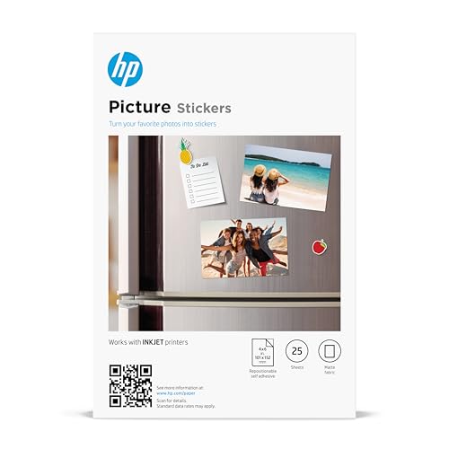HP Picture Stickers 4x6in, 25 sheets Self-Adhesive, Easily repositionable, Matte Photo Stickers. Print, Peel & Stick All Inkjet printers and craft cutters. (8L1U8A)