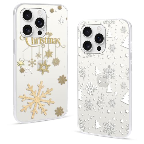 2 Pezzi Cover Natale per iPhone 16 Pro Max Custodia Trasparente Natalizie Fiocco di Neve Aesthetic Disegni Ultra Sottile Morbido Antiurto Christmas Case per Ragazze donna