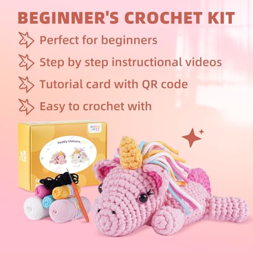Image of MOREJMTT Crochet Kit for Beginners, Learn to Crochet, Include Easy Knitting Soft Yarn, Step-by-Step Video Tutorial, Hook, Holiday Birthday Gift for Adults (Unicorn)