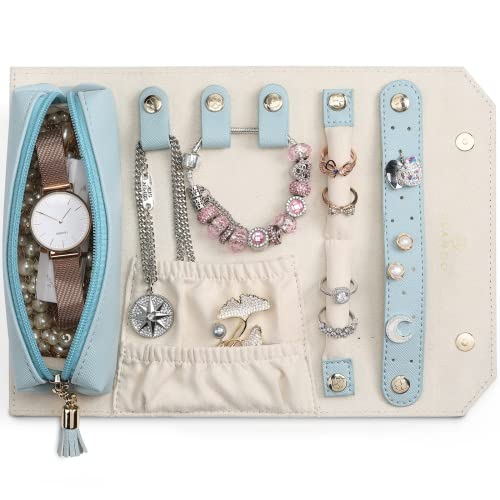 Vlando Travel Jewellery Case, Faux Leather Jewellery Rolls Jewellery Organiser for Rings, Earring, Necklaces,Bangle, Gift for Women, Couples, Friends Beige