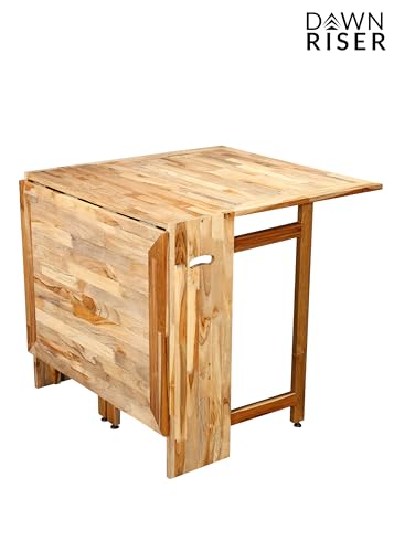 Image of Two-Side Folding Teakwood Table - Space-Saving Design, Sturdy Build, Adjustable Levelers, Multi-Purpose Dining, Work, Study, Easy Assemble, Compact Indoor Outdoor Use - DIY Model - Natural - Dawnriser