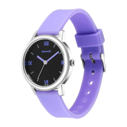 Image of Sonata Plain 3 Hands Metal Black Round Dial Purple-Silicon Spray. Polyurethane Strap Womens Watch - 8172SP04