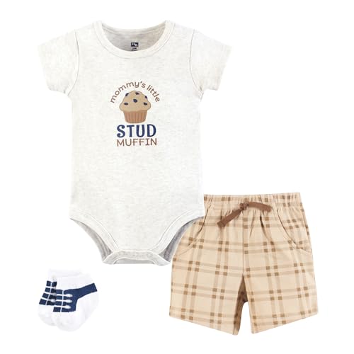 Hudson Baby Infant Boys Bodysuit, Short and Sock, Stud Muffin, 0-3 Months