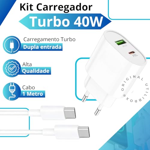 Carregador Turbo Tipo C 40W - Porta Dupla (USB-C + USB-A) + Cabo, Compatível com Todos Dispositivos