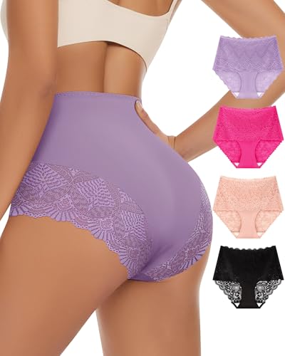 MIOTAN Women's High Waisted Underwear Lace Seamless Sexy No Show Ladies Panties Breathable Cheeky 4 Pack, Multicolor, L