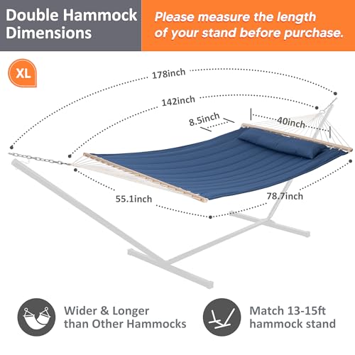 Image of SUNCREAT Double Outdoor Hammock with Hardwood Spreader Bar, Blue