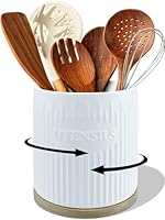 QINSDESIGNS 360° Rotating Utensil Holder, 7.6" Large Ceramic Kitchen Utensil Holder for Countertop with Bamboo Base, Stable Utensil Organizer, Farmhouse kitchen Decor, White