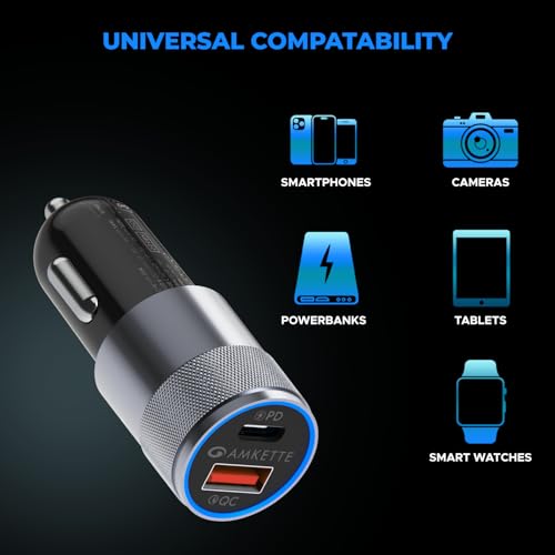 Image of MOZEN by Amkette PowerPro 52W Car Charger Type C+USB A Dual Port Car Charger Socket, Fast Charging, Metallic shell with ABS Build, Safety Protections, Multi-Device Compatible - Mobiles, Tablets & More