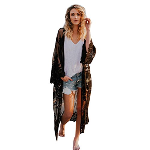 Cárdigans para Mujer Florales Encaje Cardigan Largos de la Playa Bohemia Mujer Primavera Verano Tallas Grandes Kimono Cárdigan Extragrande con Flecos Chales Wraps Tops Outerwear Jersey (Negro)