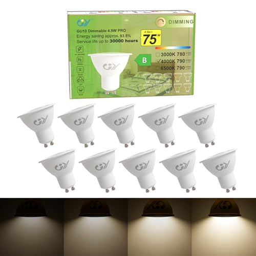 GY Lampadine LED GU10 Dimmerabile, 4.9W (Equivalenti a 75W) 790LM, 4000K Luce Naturale, Risparmio Energetico LED Attacco GU10 Lampada, Lampadina Faretto LED Dimmerabili, 10 pezzi