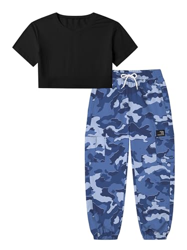 Image of Betusline Girls 2 Piece Set, Black Cute Short Sleeve Crop Tops + Deep Blue Camo Cargo Jogger Pants Clothes, 9-10Y = Tag 150