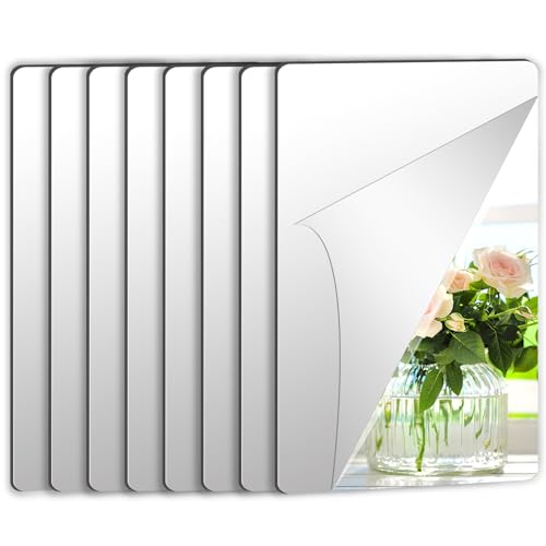 JUNEBRUSHS 8 Pack Self Adhesive Acrylic Mirror, 4X 6 Inch Mirror Tiles,Flexible Plastic Mirror Sheets Wall Stickers