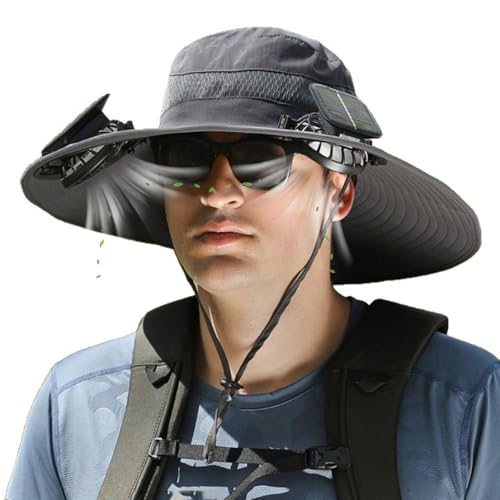 Solar Fan Hat, Wide Brim Sun Cap with 2 Solar Sun Protection Fans, USB and Solar Powered Fan Hat, Waterproof UPF 50+ Bucket Fishing Hat with Fan Built in Black
