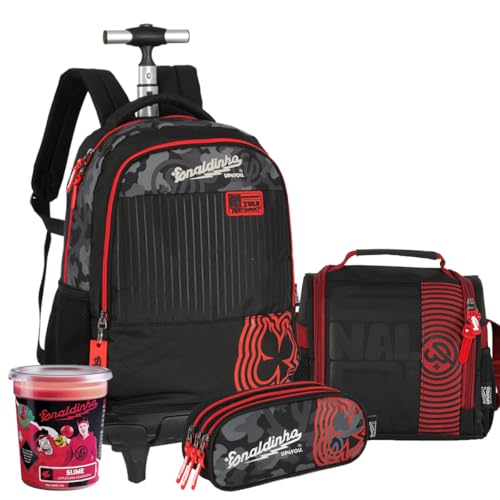 Kit Mochila Rodinha Enaldinho Juvenil Escolar Carrinho 360 Notebook (preta) com lancheira e estojo e slime
