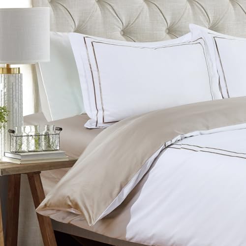 Majestic Giftware Madison Linen 8-Piece Full Size Duvet Bedding Set (BL51-F-3) | Flora Hotel Collection-White-Taupe Embroidery 400 TC Cotton Sateen | 2 Fitted Sheets, 2 Duvets, 4 Pillowcases