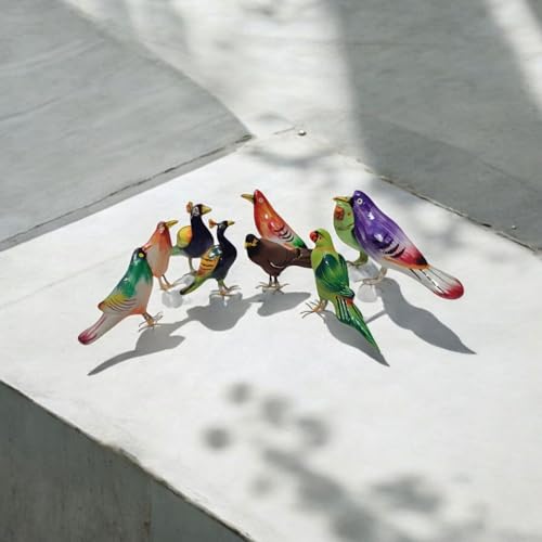 Image of Terracotta Bird Figurines, Set of 9 Pieces, Handmade Decorative Miniature Birds, Multicolour, Home Decor Showpiece