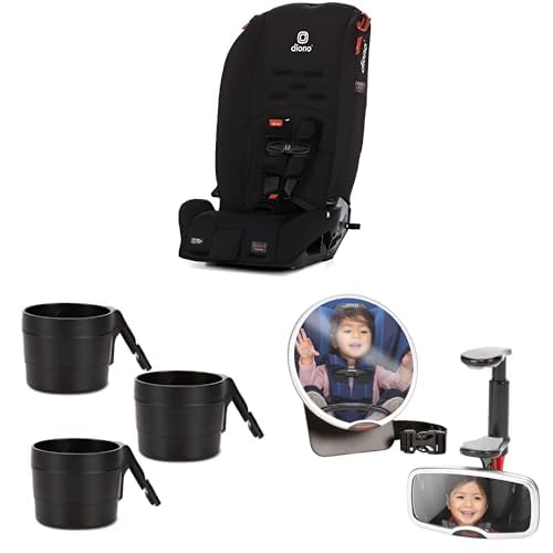 Bundle of Diono Radian 3R, 3-in-1 Convertible Car Seat, Rear Facing & Forward Facing, Slim Fit 3 Across, Jet Black + Car Seat Cup Holders for Radian + Diono Baby Car Mirror 2 Pack