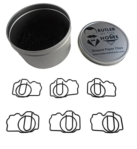 Butler in the Home 100 Count Photo Camera Shaped Paper Clips Great for Paper Clip Collectors or Office Gift - Comes in Round Tin with Lid and Gift Box - Black