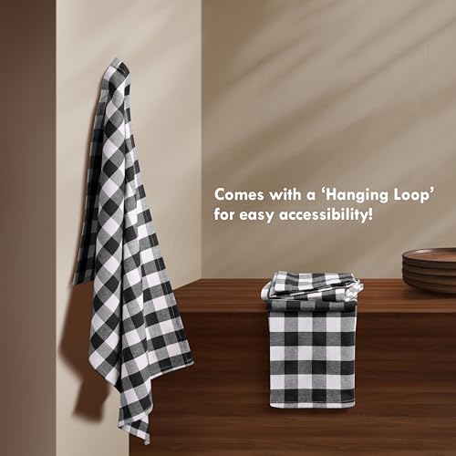 Image of 4 Pack Gingham Buffalo Check Kitchen Dish Towels 100% Cotton 16x26 Inches - Super Absorbent Quick Drying Hand Tea Towels, Restaurant Cleaning Towels with Hanging Loop, Black White