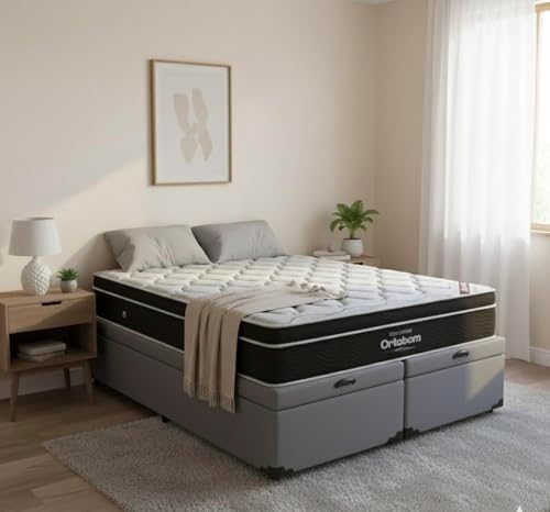 Cama Box Baú Queen Bipartido Suede + Colchão de Molas Ensacada El...