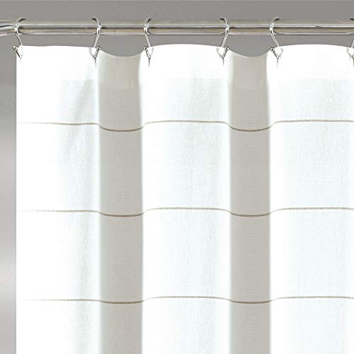 Lush Decor White Woven Cotton Shower Curtain with Taupe Stripe and Tassel Fringe, Bathroom Accessories (72" x 72") by Lush Decor - Image 2