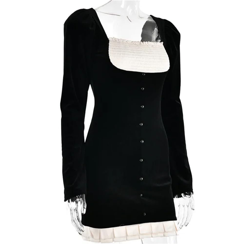 Niiyyjj Mini vestido de manga larga con espalda descubierta patchwork cuello cuadrado corto ajustado vestidos de fiesta club
