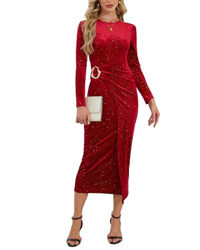 Cutecrop Women Long Sleeve Velvet Bodycon Dress Sequin Glitter Wrap Midi Dress Wedding Guest Cocktail Party Long Midi Dresses(Burgundy,Medium)