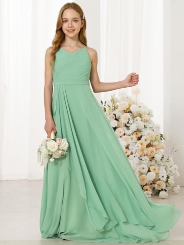 Girl's Flowing Chiffon Flower Girls Dresses Ruched Spaghetti Strap V-Neck Junior Girl Wedding Bridesmaid Dress3