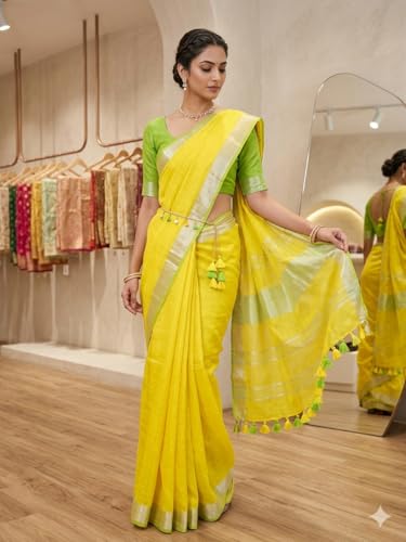 Image of STB-SILK TEXTILES BHAGALPUR Women's Linen Slub Saree With Contrast Blouse Piece