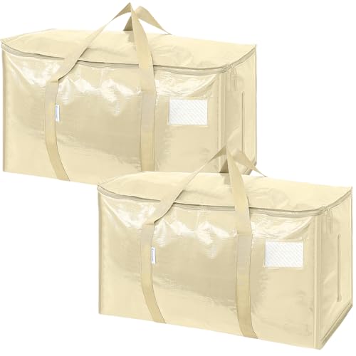 Image of TICONN 2 Pack Extra Large Moving Bags Heavy Duty with Zippers & Carrying Handles, Durable Storage Bags Moving Boxes for Closet Organizers and Storage (2 Pack, Cream)