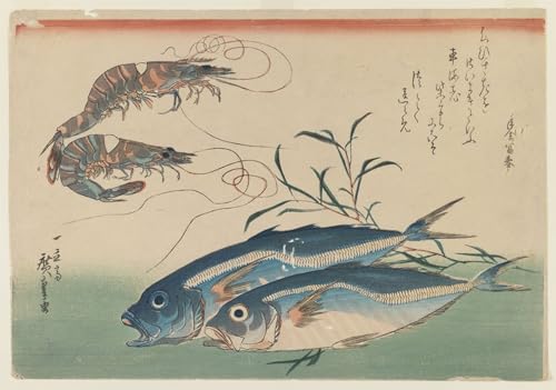 Impression d'art mural Hiroshige haut de gamme avec crevettes et chevaux vintage en 60x90 cm