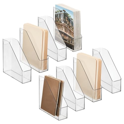 mDesign Plastic Slim Vertical File Folder Storage Organizer Bin with Handle, Hold Notebooks, Binders, Envelopes, Magazines for Home Office, Work Desktops, Ligne Collection, 8 Pack, Clear