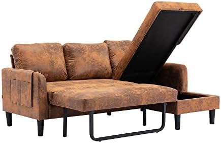 BIADNBZ Convertible Sleeper Sectional Sofa 3-Seat L-Shape Pull Out Couch with Storage Chaise and Pocket for Living Room Apartment, Coffee